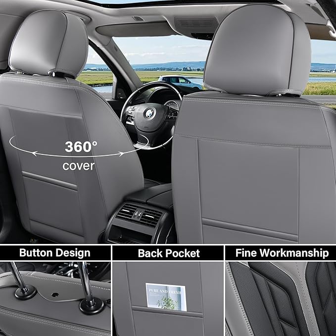 Coverado Seat Covers, Car Seat Covers Front Seats, Leather Seat Covers for Cars, Automotive Seat Covers Car Seat Protector Car Seat Cushion Universal Fit for Most Sedans SUV Pick-up Truck(Gray&Black)