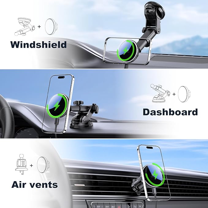 MOKPR Only for iPhone Magsafe Car Mount Charger, Magnetic Phone Holder for Your Car Charger Dash Windshield Vent Magnetic Wireless Car Charger Mount for iPhone 17 16 15 14 13 12 Carbon Firber