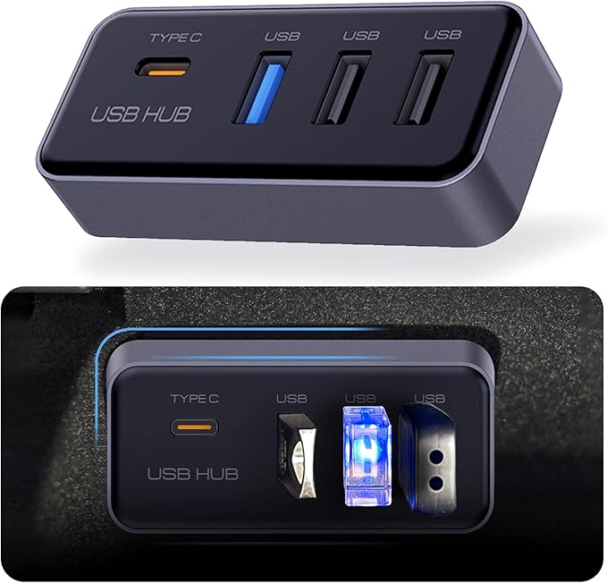 USB Hub for Tesla Model Y Juniper 2025 2026 Model 3 Highland 2024 2025, Glove Box USB 3.0 Expander with 1 USB C & 3 USB A Port Docking Station for Dashcam Flash Drive Data Transfer Game Music