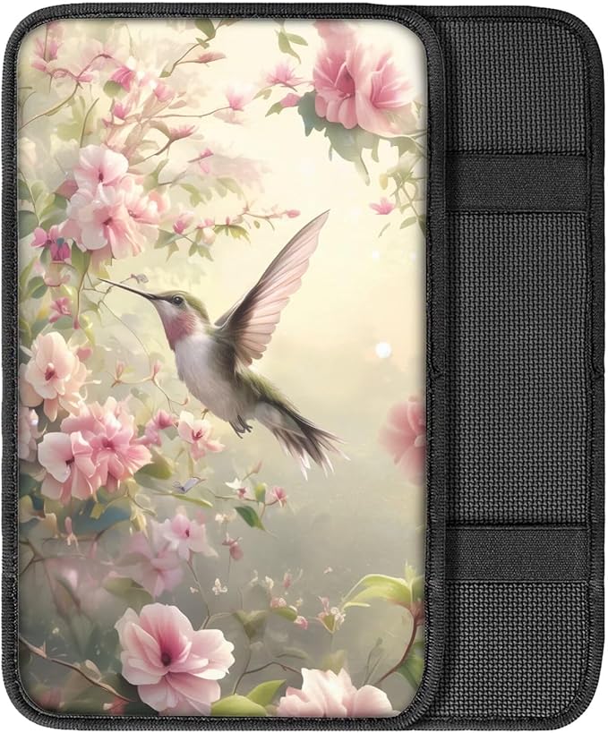 Flower Hummingbird Armrest Cover Pad for Car Soft Car Center Console Cushion Pad, Protect from Pet Claws, Sticky Fingers, Hummingbird Automotive Accessories
