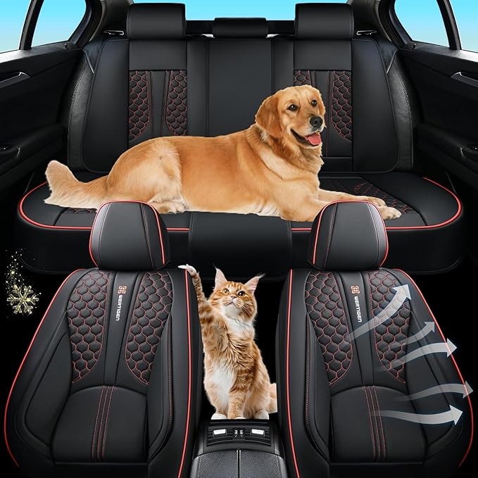 Universal Car Seat Covers, Black with Red Trim, Premium Nappa Leather, with Lumbar Support, Waterproof, Full Set, Non-Slip, Contoured Fit, Airbag Compatible, Fits Suvs, Sedans, Pickup Trucks