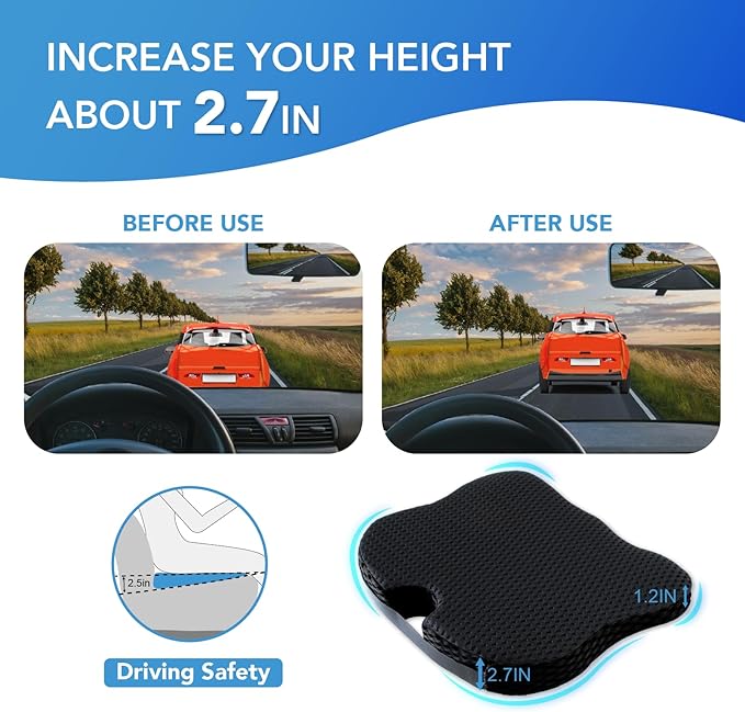 Car Seat Cushion, Comfort Memory Foam Car Cushions for Driving (Black)