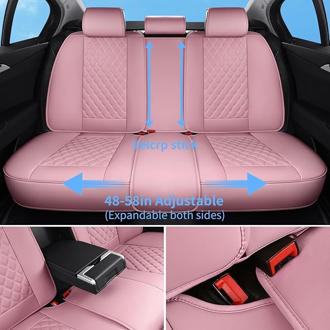 Car Seat Covers Full Set Pink, Luxury Faux Leather Car Seat Covers Waterproof Non-Slip Seat Protector Universal Fit for Most Cars SUVs Trucks Pick-ups, Cute Pink Car Accessories for Women