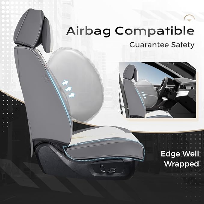 Coverado Seat Covers Full Set, 5 Seats Seat Covers for Cars, Waterproof Nappa Leather Car Seat Covers with Head Pillow, Seat Protectors Car Seat Cushion Universal Fit for Most Cars (Gray&White)
