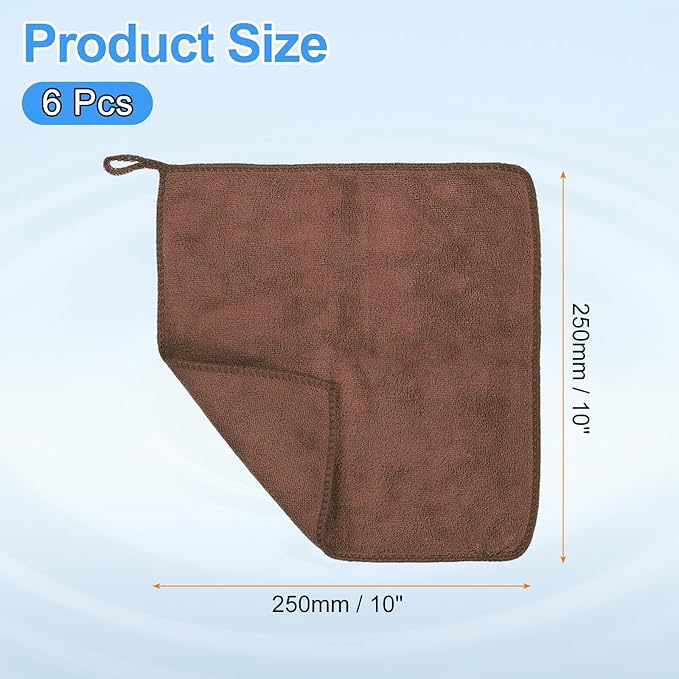HARFINGTON 6 Pack Microfiber Cleaning Cloth, 10" x 10" Multi-Functional Cleaning Towels Reusable Absorbent Rags with Hook for Car Wash Kitchen Household Window Clean, Brown