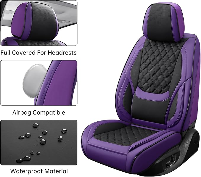 Car Seat Covers Front Seat Purple Black, Luxury Faux Leather Waterproof Non-Slip Seat Protector Universal Fit for Most Cars SUVs Trucks Pick-ups,Car Interior Accessories（Purple Black-Front）