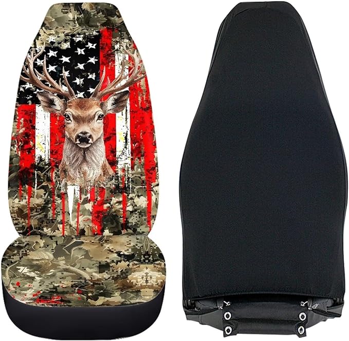 ELEQIN Deer American Flag Front Car Seat Covers 2pc, Sunflower Automotive Seat Covers Car Accessories Universal Size Fit for Most Cars,SUVs&Trucks&Vans