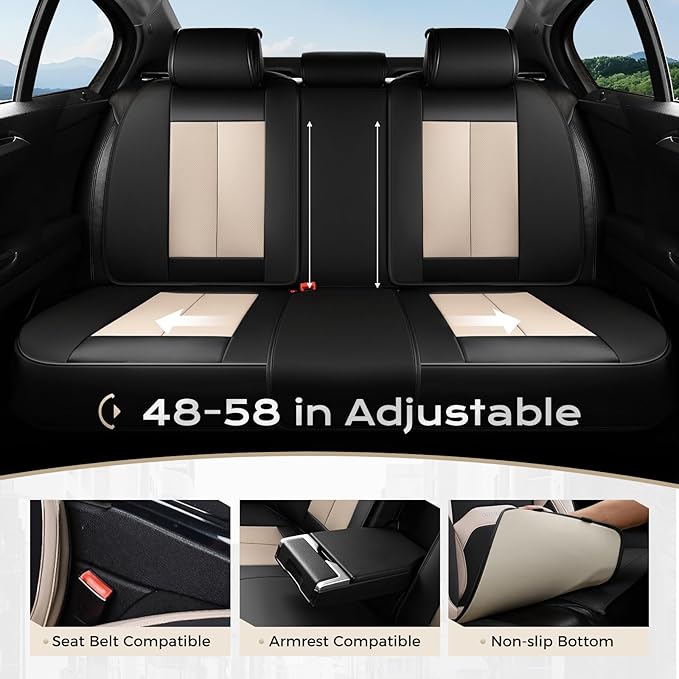 Coverado Car Seat Covers, Leather Seat Covers Full Set, Waterproof Car Seat Protector with Lumbar Support, Automotive Seat Covers Seat Cushions Universal Fit for Most Cars SUV Trucks, (Black&Beige)