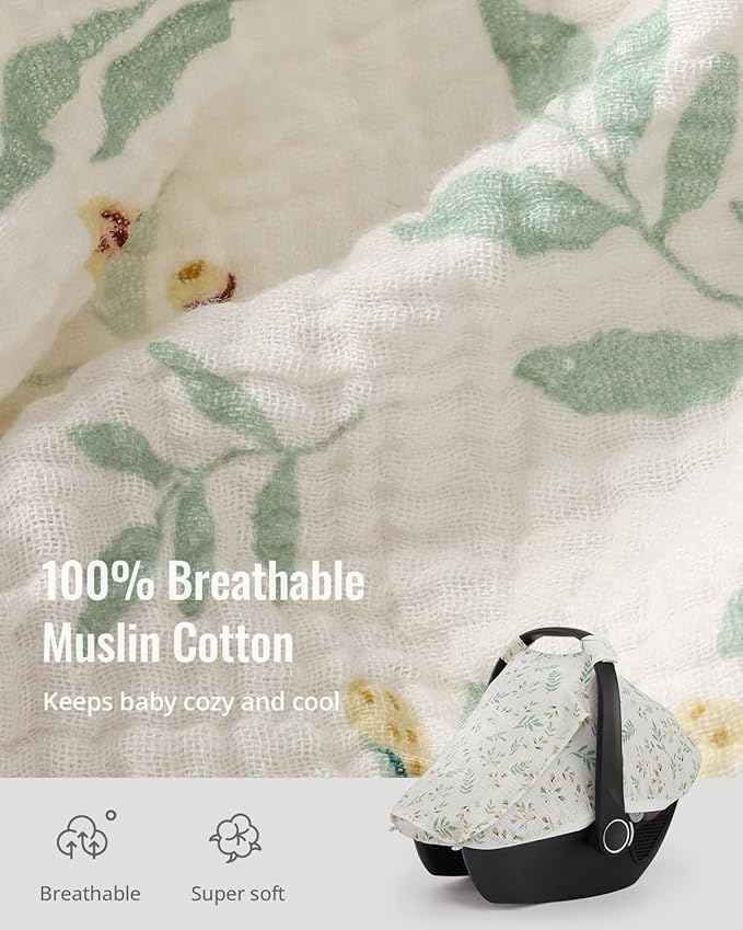 Blissful Diary Baby Car Seat Cover, Extra Large Mesh Window, Breathable Muslin Cotton, Infant Windproof Canopy, Must-Have Baby Gift - Botanical Leaf