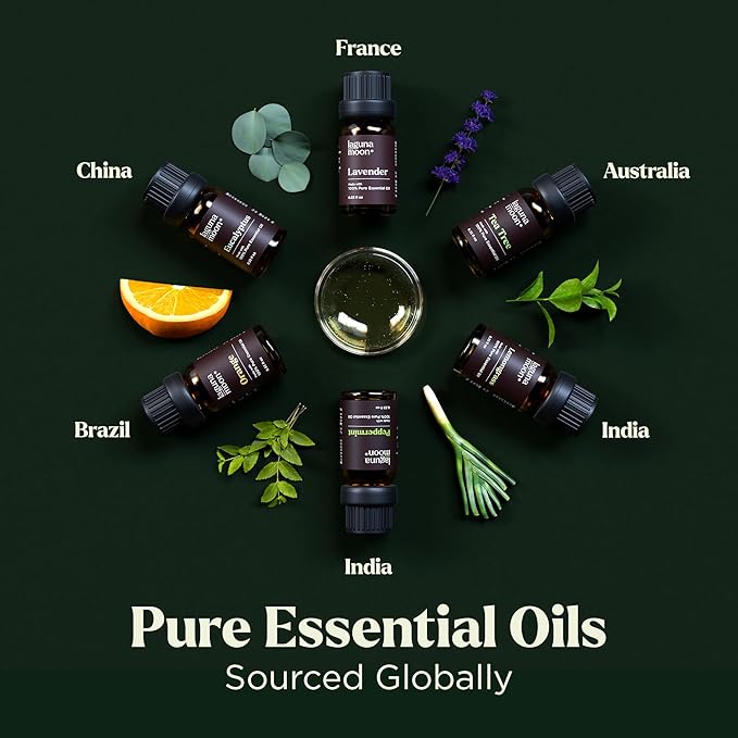 Lagunamoon Essential Oils Aromatherapy Set - 6 Oils for Diffusers, Home Care, Candle Making Scents, Fragrance, Humidifiers, Gifts - Peppermint, Tea Tree, Lavender, Eucalyptus, Orange (10mL)