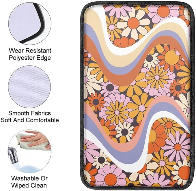 UNICEU Cute Daisy Flower Twirl Print Car Center Console Armrest Cushion Cover Auto Accessories for Women Neoprene Car Armrest Box Protector Pad