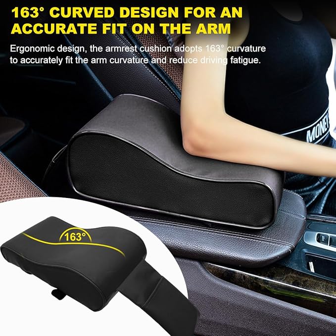 Car Armrest Cushion, Soft Memory Foam Auto Armrest Pillow with Storage Bag, Leather Center Console Arm Rest Padded Cushion with Phone Holder, Universal Car Accessories (Black)