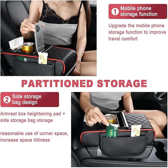 Car Armrest Storage Box for Nissan Hardbody (D21) 1986–1997, Center Console Organizer with Side Pocket, Ergonomic Memory Foam Armrest Cushion, Car Elbow Support Pad,B Black Red