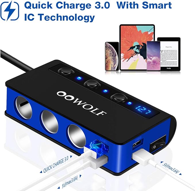 OOWOLF 7 in 1 180W Quick Charge 3.0 Cigarette Lighter Adapter, with Cigarette Lighter Function, for 12V-24V Car, 3-Socket Splitter, 4 USB Ports Car Power Adapter for GPS, Dash Cam, Phone, Tablet etc