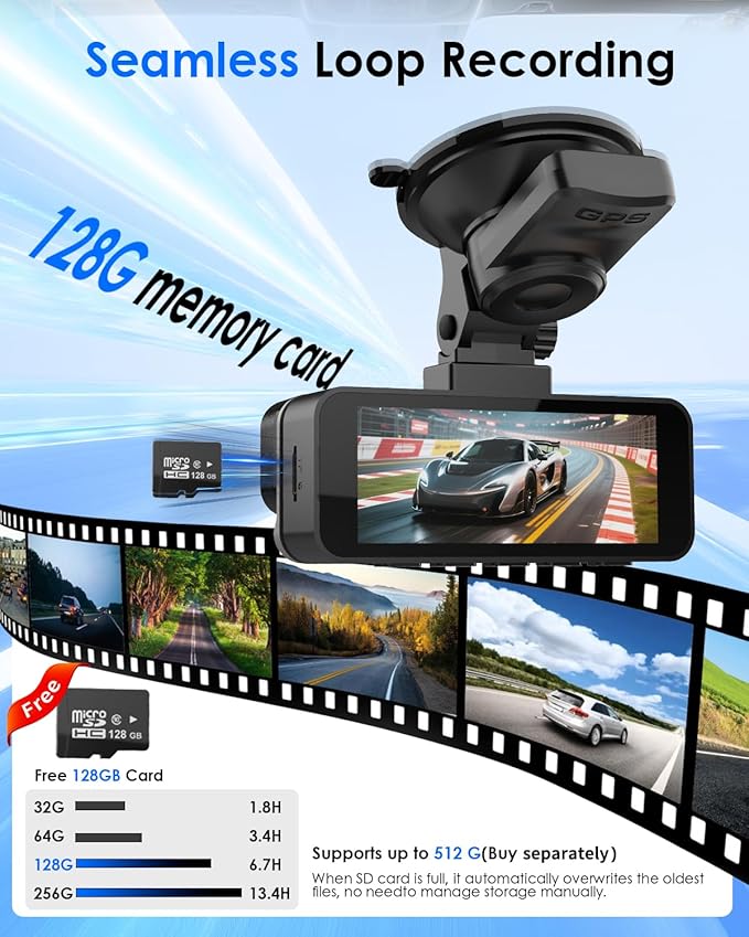 4K+4K Dash Cam Front and Rear, Free 128GB Card Included, 5.8GHz WiFi-20MB/s Fast Download, Dash Camera for Cars with Accurate GPS, G-Sensor, WDR Night Vision, 3.39" IPS Screen, 24H Parking Mode
