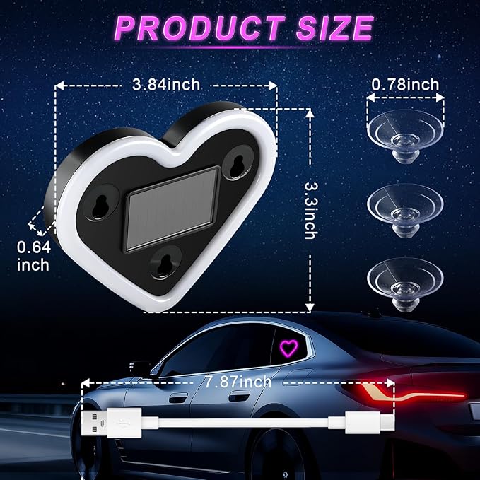 iFunyLED Car LED Interior Lights, Heart-Shaped Ambient Light for Windows, 5 Lighting Modes, Charging Through Type-c and Solar Energy, Car Decorations for Women Men, Pack of 1, (Pink)