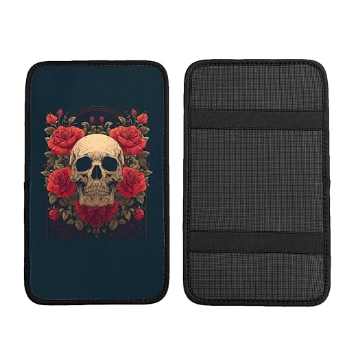 Skull with Red Roses Car Auto Armrest Cushion Cover Accessories Center Console Seat Box Pad Protector Universal Decoration for Most Vehicle SUV Truck