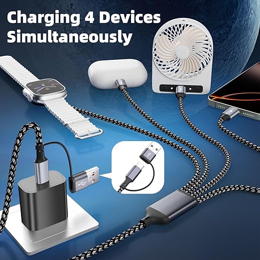 4 in 2 Charging Cable for Phone Watch Charger with 3 Type-C Ports, Travel Essentials USB C Splitter Multi Charging Cable/Cord for iWatch Ultra/SE/11-1, iPhone17 16 15 14, Android, More -1Pack 5FT