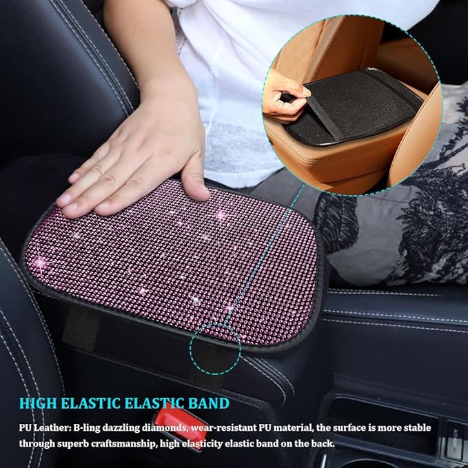 Bling Car Center Console Cover, Car Armrest Cover, Diamond Rhinestone Auto Center Console Cover Protector, Universal Arm Rest Cushion Pads Car Interior Accessories for Vehicles, SUVs (Pink)