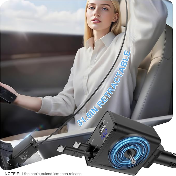 Retractable Type C Fast Car Charger,45W 4-Port USB C & USB A Car Phone Charger Adapter with 31.5 Inch Retractable USB C Cable for iPhone 17 Pro Max/16e/16 Samsung Galaxy A17/A16/A15/S25 Ultra Pixel 10