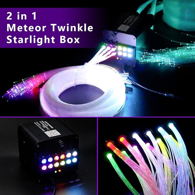 AZIMOM 4Colors 2 in 1 Meteor Twinkle Fiber Optic Starlight Headliner Kits 2000pcs 0.03in 13.1ft Fiber Strands,RGB Meteor Shooting Star 240pcs, Sound Remote APP Control Home Ceiling Car Headliner Decor