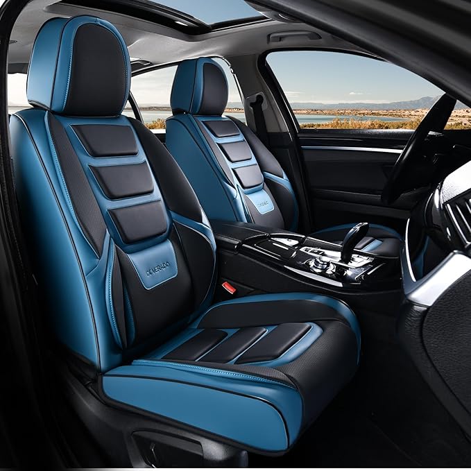 Coverado Car Seat Covers, Front Covers for Cars, Car Seat Cover Front Seats, Automotive Seat Cover, Waterproof, Leather Car Seat Cushion, Universal Interior Covers Seat Protectors for Most Cars Blue