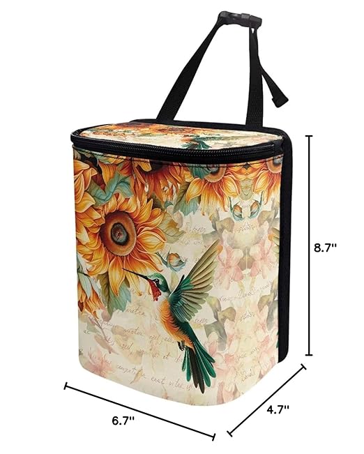 BIGCARJOB Universal Car Trash Bag for Back Seat, Hummingbird Sunflower Print Hanging Trash Can With Lid, Multi-Use Storage Organizer, Interior Accessories