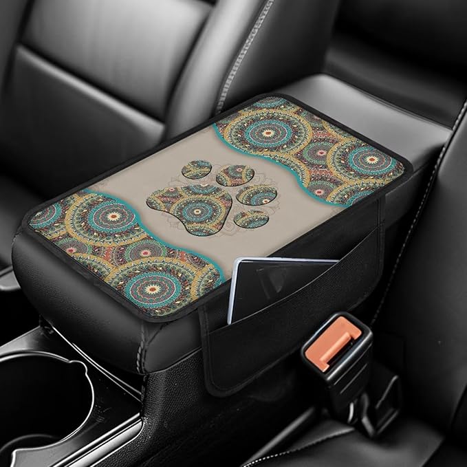 Boho Floral Dog Paw Pattern Car Center Console Cover Elastic Car Armrest Seat Box Cover Cushion Non-Slip Auto Armrest Pad with Pockets Storage Bag Car Decor Accessories
