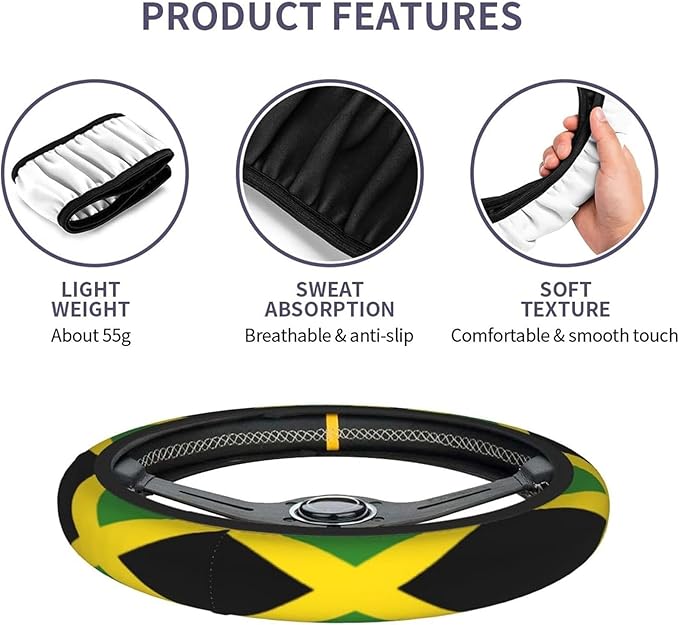 Car Steering Wheel Cover for Women Men, Non-Slip Jamaica Jamaicans Flag Car Accessory, Universal 14"-15" Fit for Cars, SUVs, Trucks (Jamaican Flag)