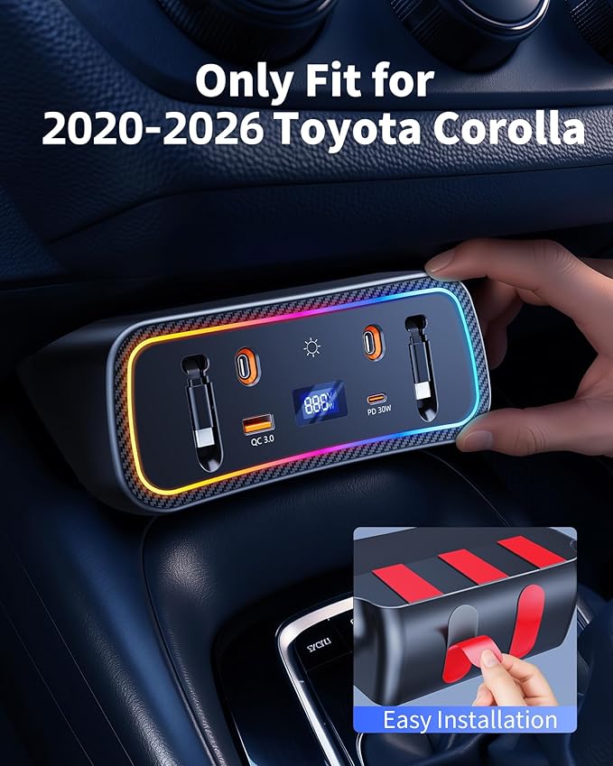 Car Charger Usb Hub with RGB Light for 2026 2025 2024 2023 2022 2021 2020 Toyota Corolla Accessories, 4-Port Docking Station with Retractable Cable, Phone Fast Charging Hub with Voltage Display