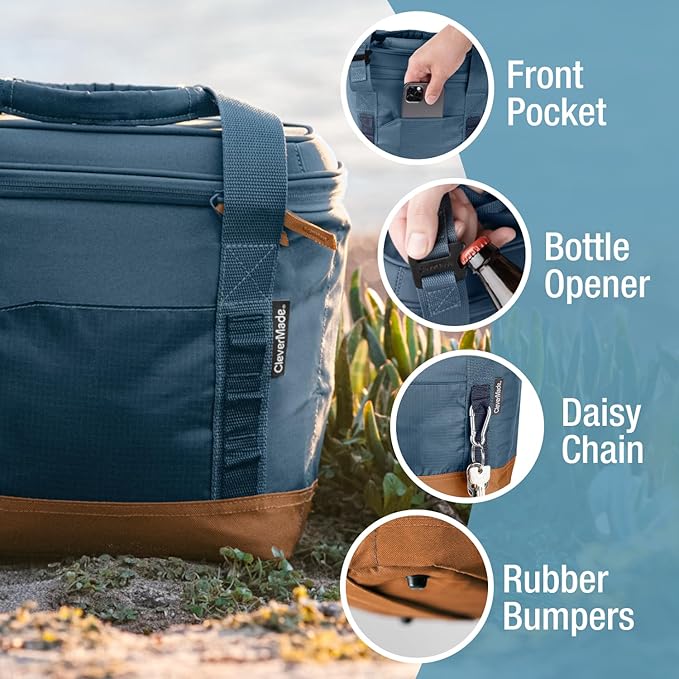 CleverMade Collapsible Insulated Cooler Bag – Leakproof Soft Cooler for Beach, Travel, Car – Bottle Opener