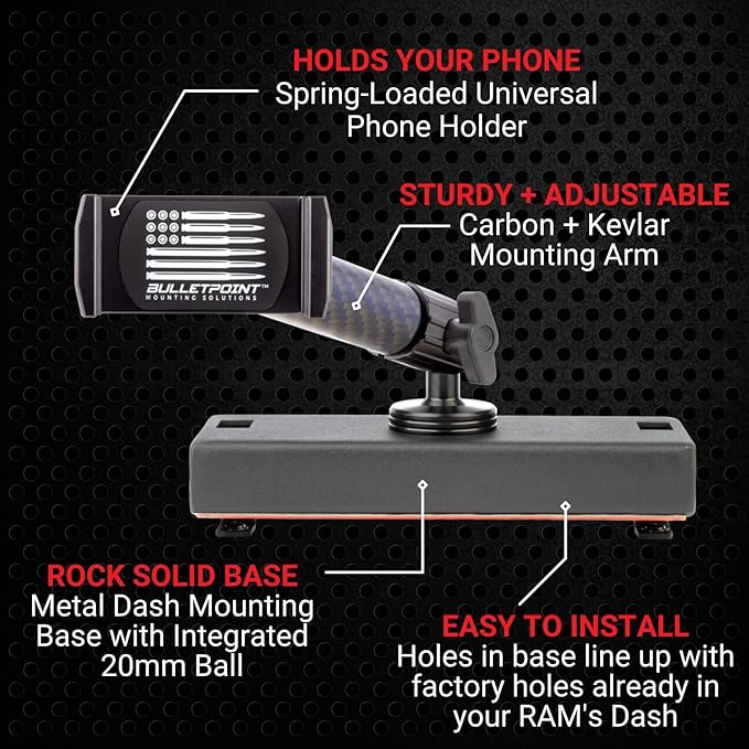Bulletpoint Dash Cell Phone Holder For RAM Truck (2019+ 1500, 2500, 3500 and TRX) with 20mm Single Ball Mount - Compatible with iPhone and Android Smartphones