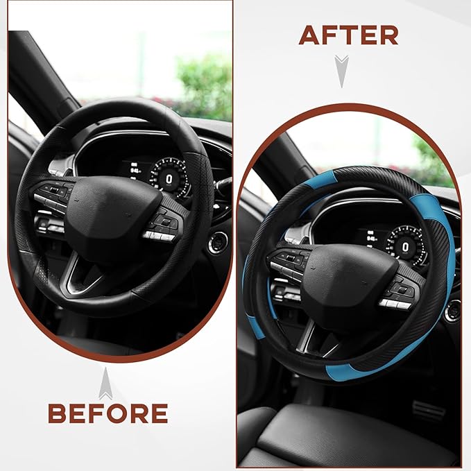 15" Car Steering Wheel Cover, Carbon Fiber Leather Stitching Elastic Steering Wheel Protector, Anti-Slip/Breathable/Durable/Soft, Interior Accessories for Most Cars (Carbon Fiber Black+Blue)