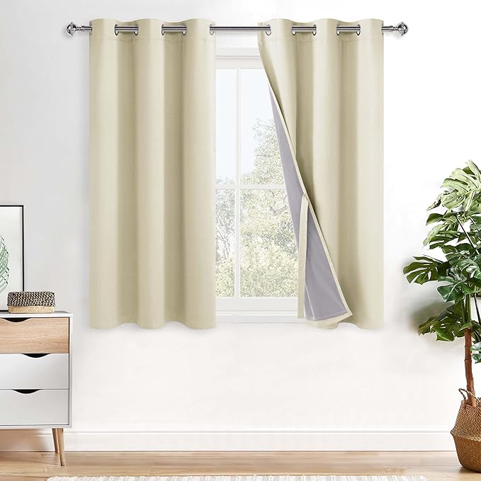 XWZO 100% Blackout Curtains 54 Inches Long with Tiebacks- Privacy Protection & Noise Blocking Window Draperies Grommet Top with Black Liner for Bedroom/Living Room, Beige, W42 x L54, Set of 2