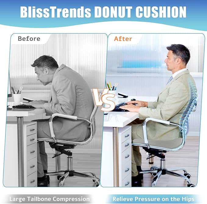BlissTrends Donut Pillow Seat Cushion, Donut Chair Cushions for Postpartum Pregnancy & Hemorrhoids, Tailbone Pain Relief Cushion, Lifting Cushions for Office & Home Chairs (Light Grey, X-Large)