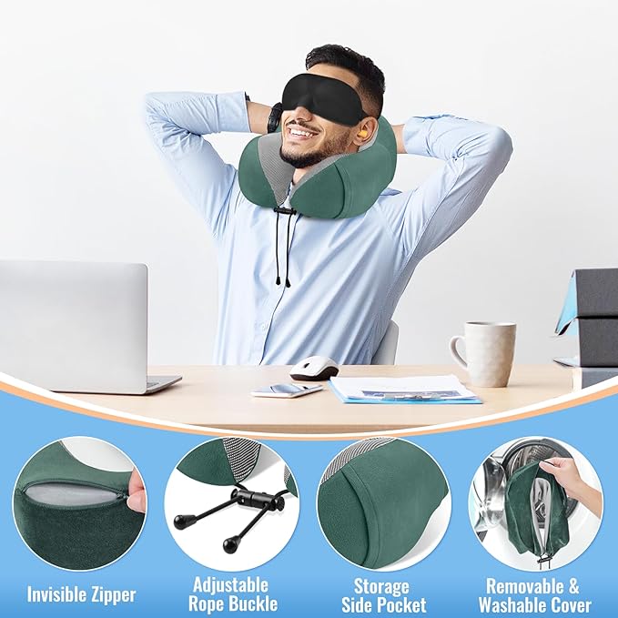 CloudBliss Travel Pillow Premium Memory Foam, Comfortable & Supportive Neck Pillow, Sleeping Neck Pillows for Travel, Airplane Pillow for Sleeping Airplane, Car, Office and Home（Green）