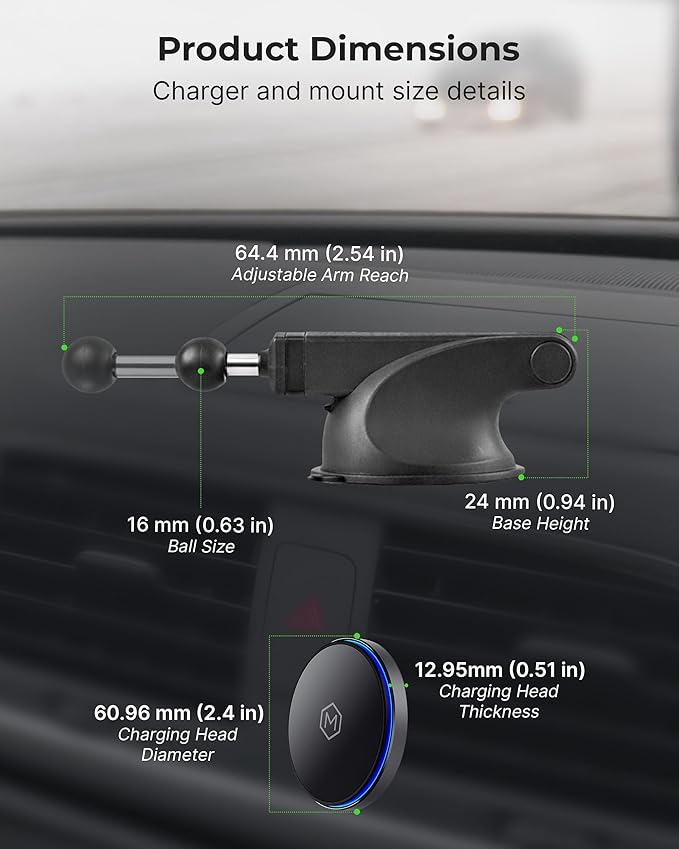 Mag Switch Qi2 Mag Safe Wireless Telescopic Suction Cup Mount, 15W Fast Charger with a Built in on/Off Switch for Smarter Charging, Strong N52 Magnets, Compatible with iPhone 12-17