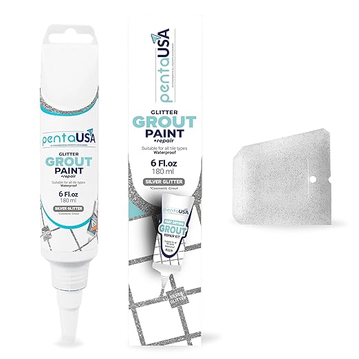 PentaUSA Tile Grout - Glitter Grout Tube, 6 Fl Oz Glitter Fast Drying Grout Paint, Shiny Grout Repair Kit - Renew Grout Lines in Bathroom, Kitchen, Countertops (180 ml, 6 Fl Oz) (Silver)