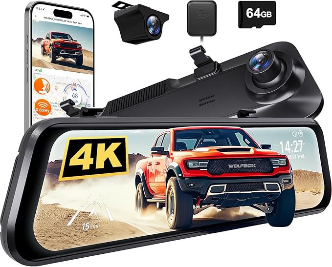 WOLFBOX G850 PRO 4K Mirror Dash Cam with ADAS and BSD, Smart Rear View Mirror with 5.8GHz WiFi, Voice Control, 12 inches Camera Includes 64GB Card, GPS, G-Sensor, Loop Recording
