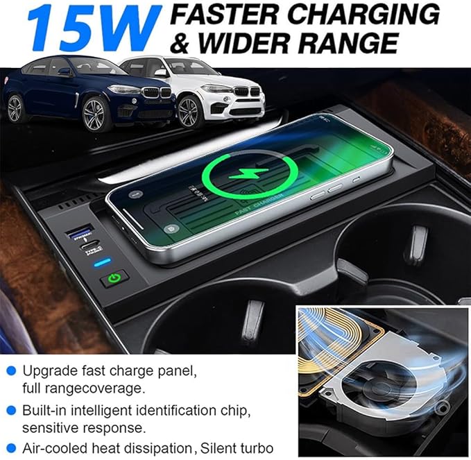 Wireless Car Charger for BMW X5 2014-2018 BMW X6 2015-2019, OEM Custom Fit with 27W USB-A & Type-C Wireless Fast Phone Charging Pad for BMW X5 (F15)/X6 (F16) 2014-2019 Interior Accessories