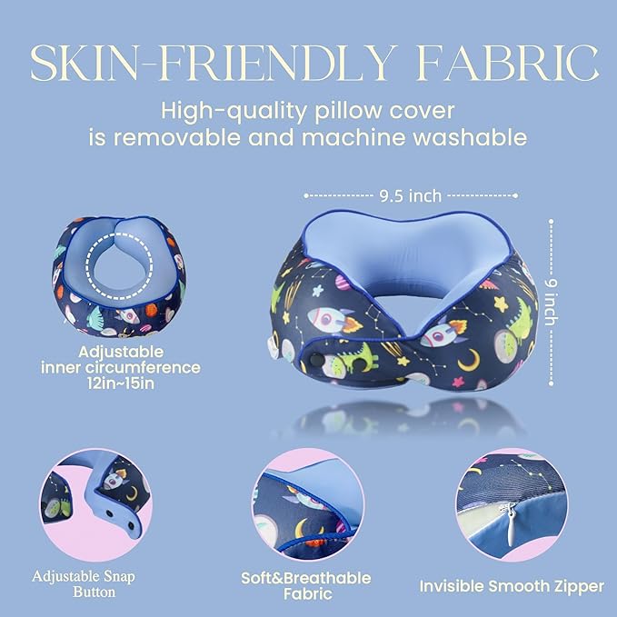 SKYTRAX® Certified Kids Safe Memory Foam Travel Neck Pillows for Kids and Toddlers, Cute Cartoon Design, Car Seat & Airplane Head Neck Support, Adjustable Snap Buttons, Washable Soft Cover (Dinosaur)