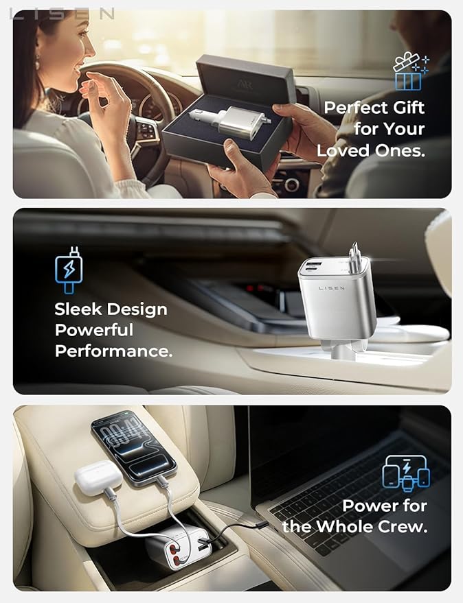 LISEN Retractable Car Charger for iPhone, for iPhone 17 Pro Max 16 15 14 13 12 Plus Mini, Cute 4 in 1 Retractable USB C Car Charger Fast Chareg for Women Men, 84W Fast Charging Car Accessorie