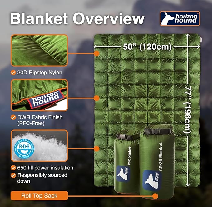 Horizon Hound Puffy Down Camping Blanket - Outdoor Travel Quilt | Sustainable, Insulated, Lightweight & Warm Gear for Sleep, Camping, Stadium, Hiking & Festivals | Water Resistant, Packable & Compact