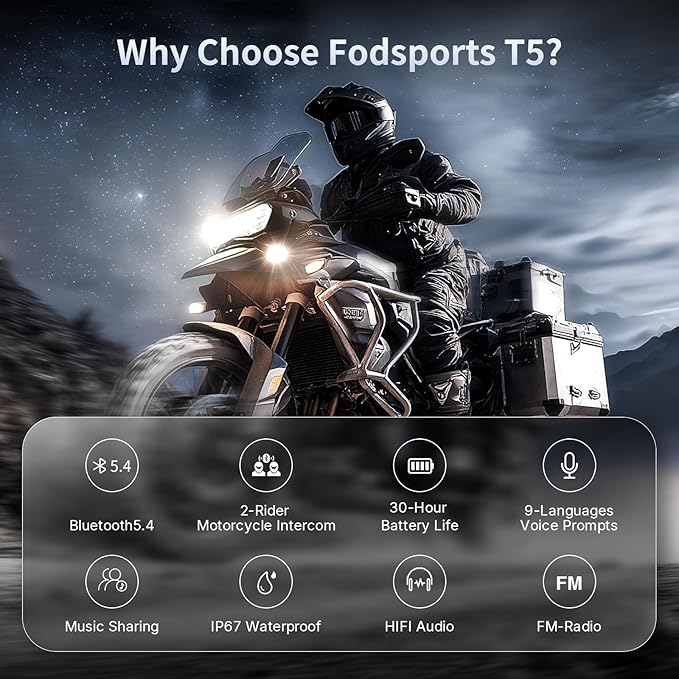 Fodsports T5 Motorcycle Bluetooth Headset with Music Sharing, 2 Riders Helmet Intercom Communication Systems, 9-Language Voice Prompts/Voice Assistant/FM Radio/2 Type Mics/4 Colored Faceplates