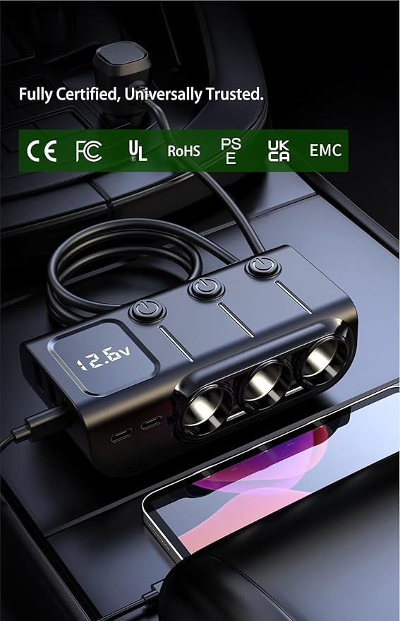 8 in 1 Cigarette Lighter Splitter, 120W 3 Socket Car Charger Adapter,5 USB,Type-C PD36W, Fast Charging,12V/24V Input, Built-in Protecter, Zero Risk to Car & Devices,for Car, Truck, SUV, RV, Camping