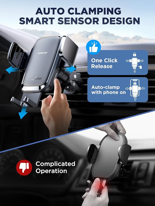 JOYROOM Wireless Car Charger, 15W Fast Charging Auto Clamping Car Phone Holder Charger, Phone Stand for Car Vent Phone Mount for iPhone 17/16/15 Pro Max Air, Galaxy S26/25 Ultra, Pixel 10 Pro and More