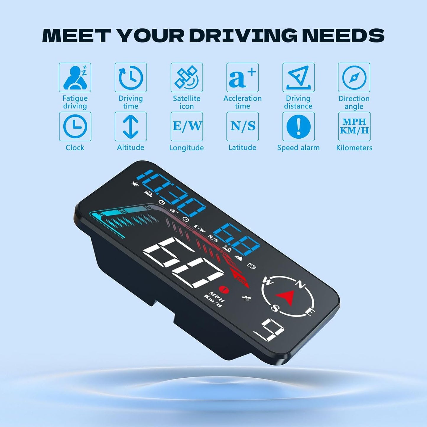Hud Car Head Up Display G12 with HD LED Display for All Speedometer for All Speedometer Models, with Adaptive Light Sensing