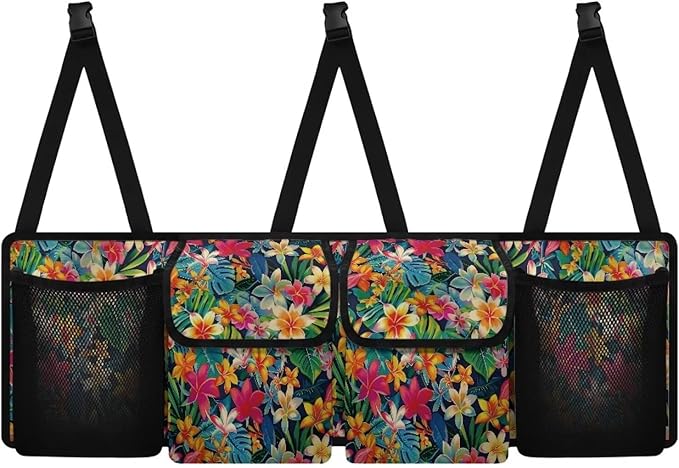 Colorful Tropical Flower Car Trunk Organizer, Large Capacity Auto Backseat Hanging Storage Bag with Adjustable Strap & 4 Pockets, Car Back Seat Cargo Bag, Car Interior Accessories