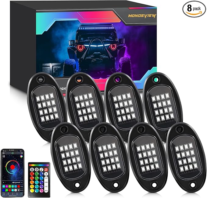 MONDEVIEW 8 Pods RGB LED Rock Lights for Jeeps Trucks Golf Carts & UTVs, Waterproof Underglow Kit with APP Control, Music Mode, 12V Underbody Neon Lights for Cars, ATV, RZR, SUV, Offroad Vehicles