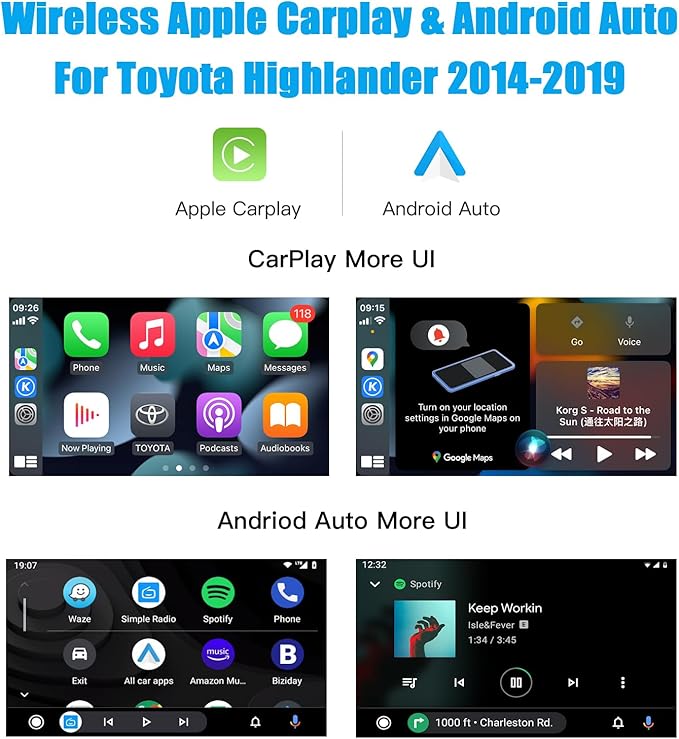Wireless Carplay Android Auto Adapter for Toyota with Entune2.0 2014-2019, Fits for Tundra/Highlander/RAV4/Tacoma/Camry/Corolla/Avalon/Prius/CH-R/Sienna